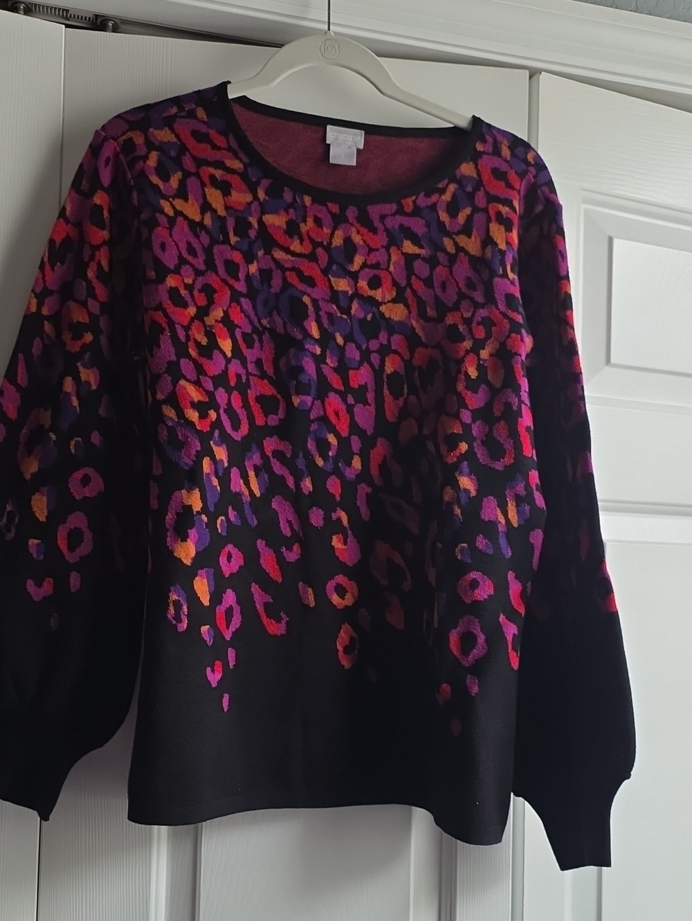 Chico's Black Crewneck Sweater with Pink, Purple & Orange Leopard Print